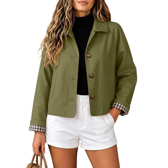 PFRNLFNo Boundaries Womens Trench Coats Lightweight Plaid Lining Lapel Button Down Casual Crop Jacket with Pockets