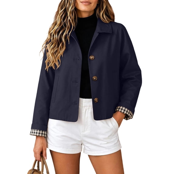 PFRNLFNo Boundaries Womens Trench Coats Lightweight Plaid Lining Lapel Button Down Casual Crop Jacket with Pockets