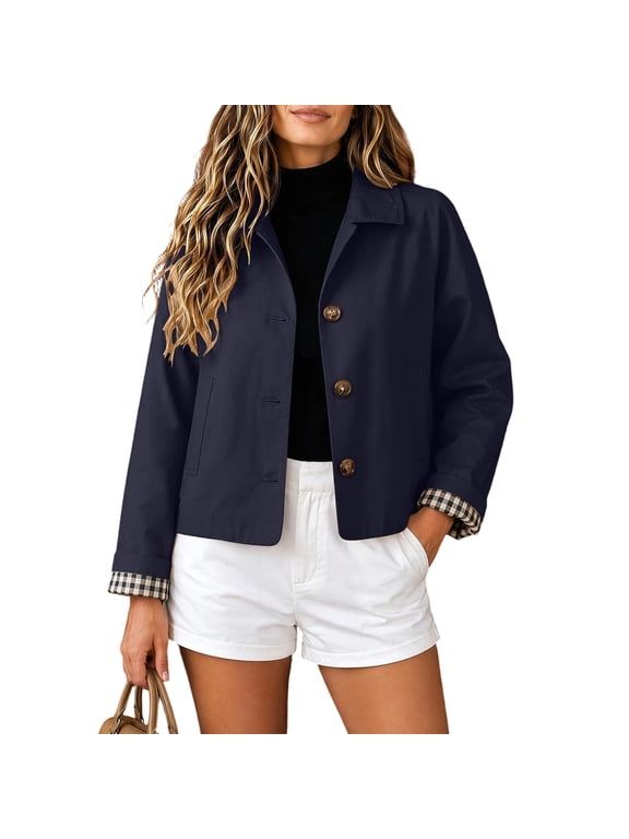 No Boundaries Womens Trench Coats Lightweight Plaid Lining Lapel Button Down Casual Crop Jacket with Pockets