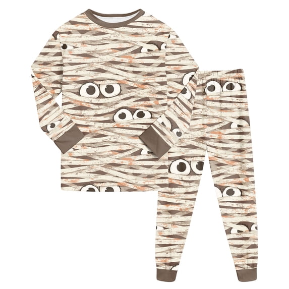 PFWOWB 2 Piece Kids Mummy Graphic Pajama Set with Long Sleeve Top and Printed Pants (Khaki,3-4 Years)