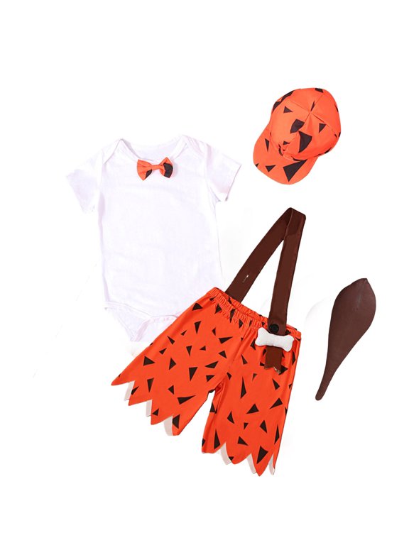 4 Piece Baby Boy Caveman Costume with Bow Tie Romper, Suspender Shorts, Hat and Club (Red,90)