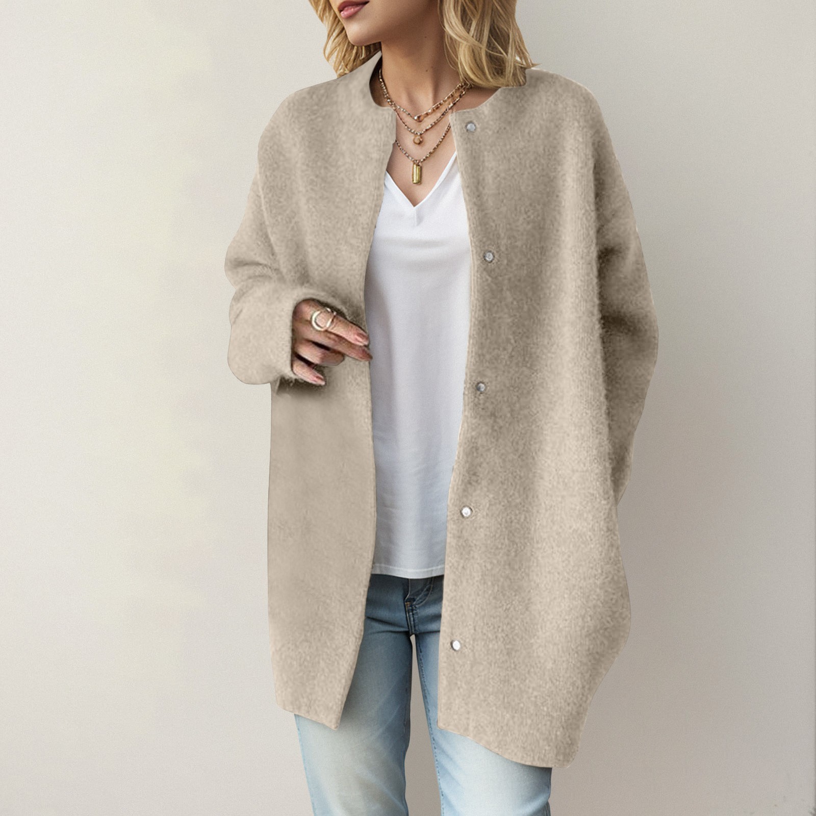 PFWOWB Beige Womens Fall Jacket Women Fashion Round Neck Long Sleeve ...