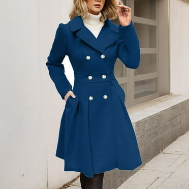 PFWOWB Blue Women's Windbreakers Women's Fashion Windbreaker Notch Lapel Double Thick A Line Coat Jacket with Pockets