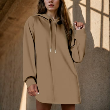 PFWOWB Camp Sweatshirt Womens Dresses Fall Winter Casual Long Sleeve Drawstring Pleated Hoodies Sweatshirt Pullover Tunic Mini Dress