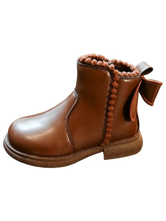 Girls Bow Ankle Boots Faux Leather Side-Zip Dress Booties with Low Block Heel (Brown,A)