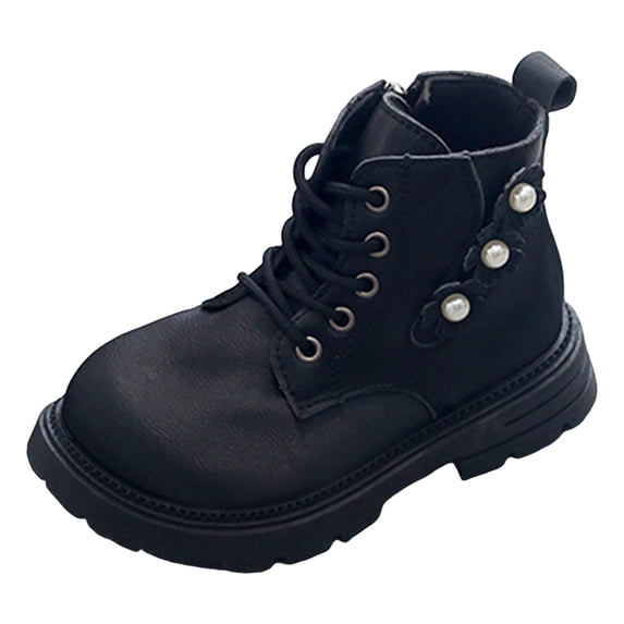PFWOWB Girls Combat Ankle Boots Lace-Up Pearl Flower Booties with Side Zipper and Lug Sole (Black,10)