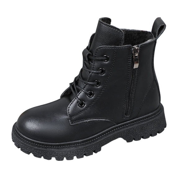 PFWOWB Girls Combat Ankle Boots Lace-Up Side-Zip Booties with Chunky Lug Sole (Black,3.5)
