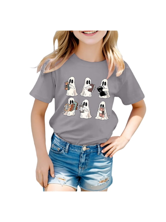 Girls Halloween Ghost Grid Graphic T-Shirt, Crewneck Short Sleeve Casual Tee (Grey,4-5 Years)