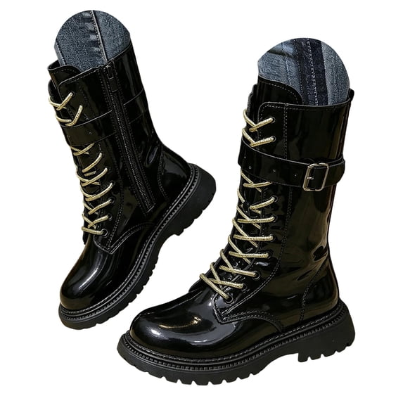 PFWOWB Girls Knee-High Combat Boots Lace-Up Buckle Strap Tall Boots with Side Zipper (Black,13)