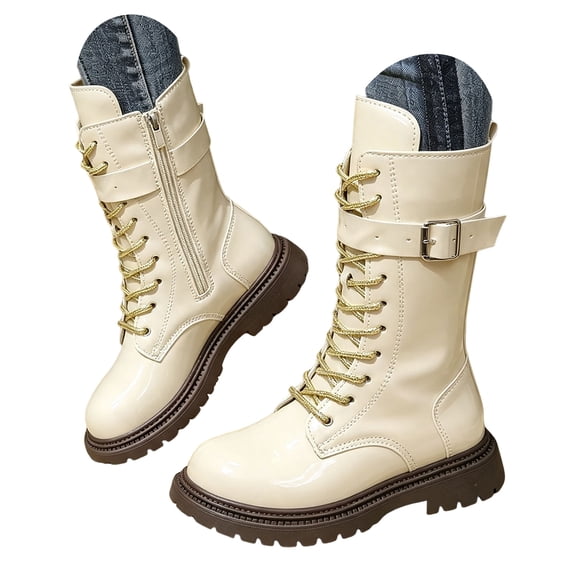 PFWOWB Girls Knee-High Combat Boots Lace-Up Buckle Strap Tall Boots with Side Zipper (White,11)