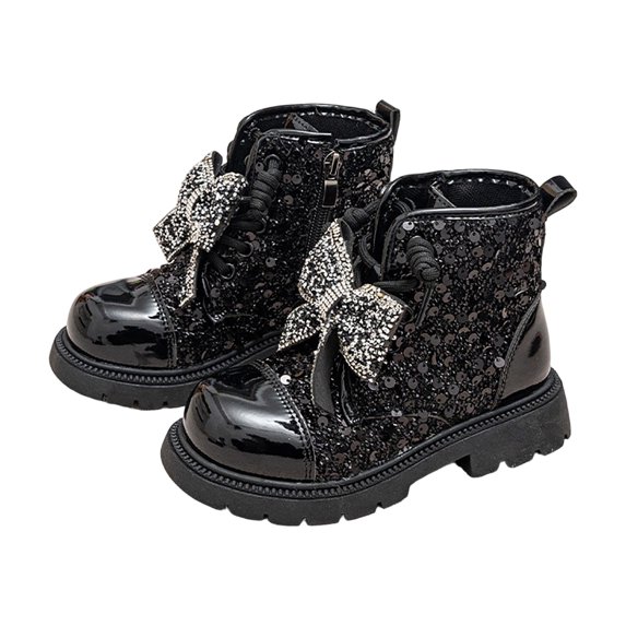 PFWOWB Girls Rhinestone Combat Boots Patent Lace-Up Ankle Booties with Bow and Side Zipper (Black,9)