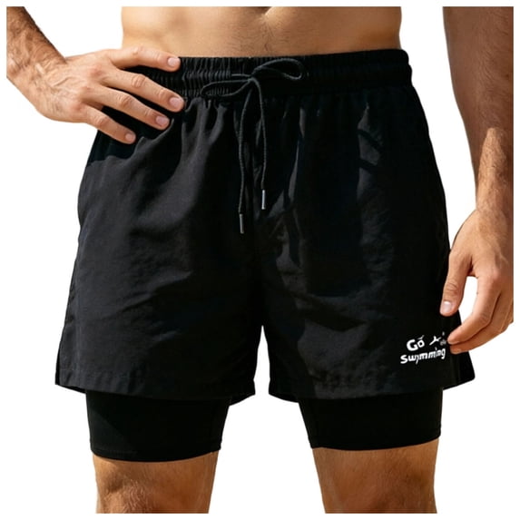 PFWOWB Mens Board Shorts with Compression Liner Solid Black Swim Trunks Drawstring Beachwear