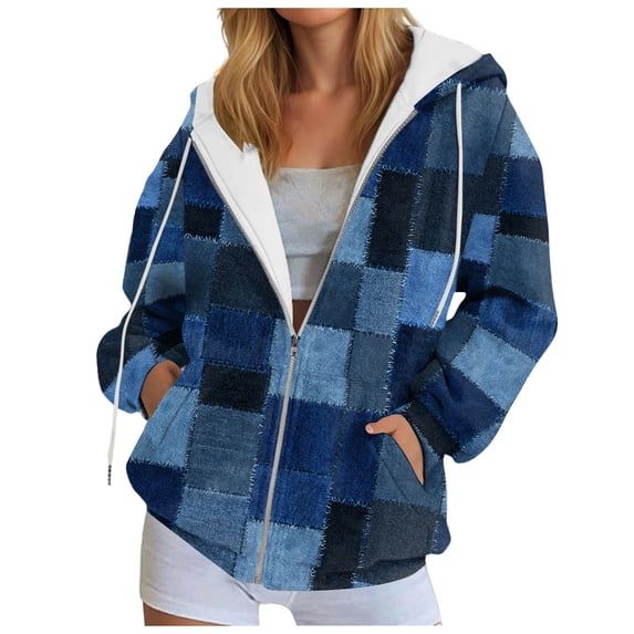 PFWOWB Plaid Hooded Jacket for Women Zip Up Sweatshirt Long Sleeve with Side Pockets