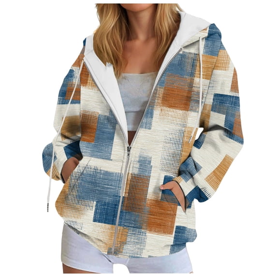 PFWOWB Plaid Hooded Jacket for Women Zip Up Sweatshirt Long Sleeve with Side Pockets