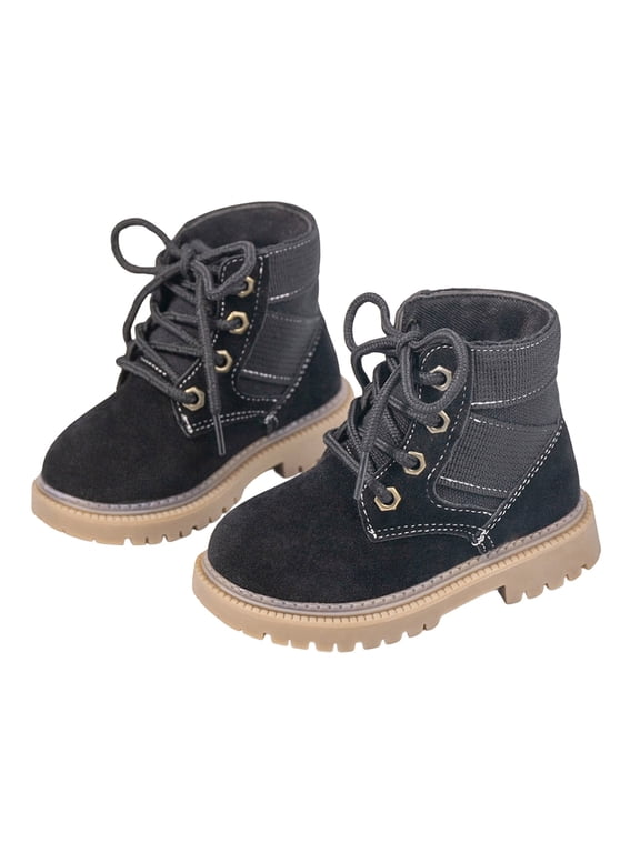 Toddler Boys Girls Work Boots Lace-Up Synthetic Leather Hiking Ankle Boots with Lug Sole (Black,7)