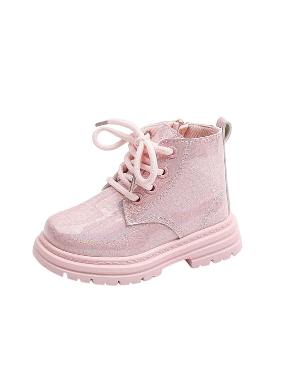 Toddler Girls Glitter Ankle Boots Lace-Up Synthetic Leather Booties with Side Zipper (Pink,9.5)