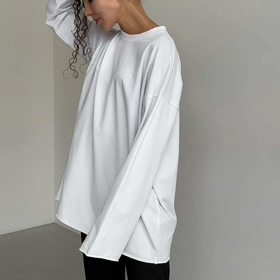 PFWOWB White Womens Loose Summer Tops Women's Long Sleeved Oversized T Shirt Loose Casual Round Neck Belted Top Soft Shirt