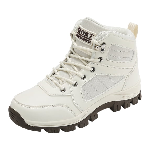 PFWOWB Women's High Top Hiking Boots with Lace Up Front, Padded Collar and Rugged Lug Sole (White,7)