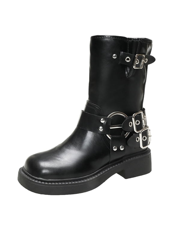 Women's Moto Mid Calf Biker Boots with Multiple Buckle Straps, Round Toe and Chunky Sole (Black,7)