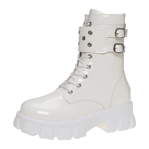 PFWOWB Women's Patent Platform Combat Boots with Lace Up Front, Studded Buckle Straps and Chunky Lug Sole (White,6)