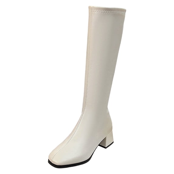 PFWOWB Women's Stretch Knee High Boots with Square Toe, Platform Wedge and Slim Shaft (Beige,7)