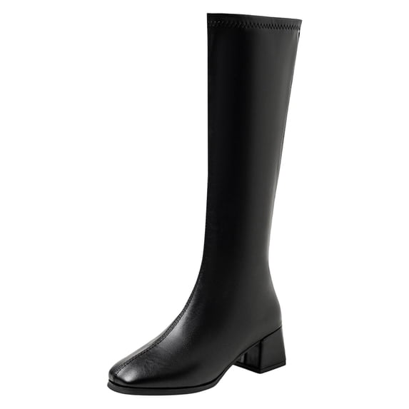 PFWOWB Women's Stretch Knee High Boots with Square Toe, Platform Wedge and Slim Shaft (Black,8.5)