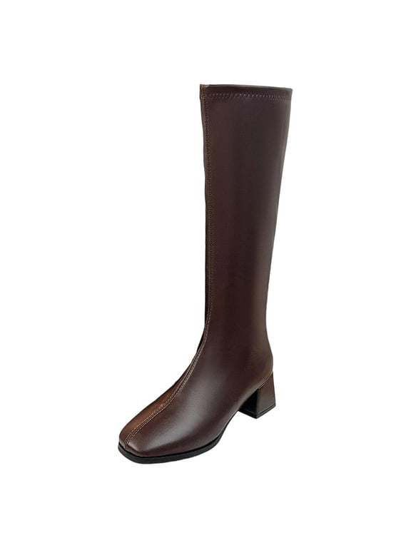 Women's Stretch Knee High Boots with Square Toe, Platform Wedge and Slim Shaft (Coffee,8)