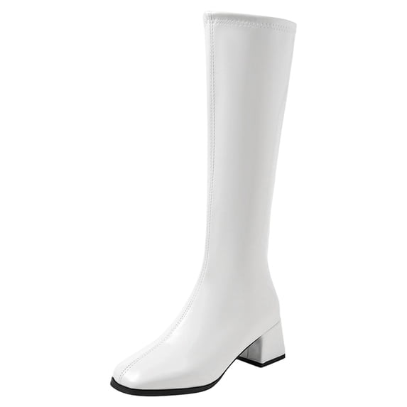 PFWOWB Women's Stretch Knee High Boots with Square Toe, Platform Wedge and Slim Shaft (White,6)