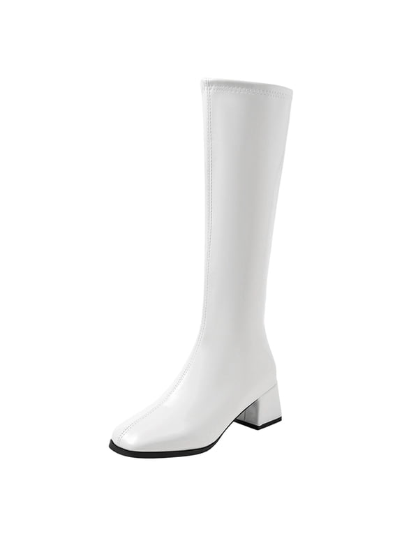 Women's Stretch Knee High Boots with Square Toe, Platform Wedge and Slim Shaft (White,8)