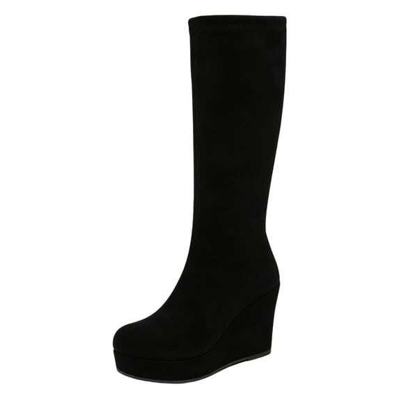 PFWOWB Women's Stretch Knee High Wedge Boots with Round Toe, Platform Sole and Slim Shaft (Black,6.5)