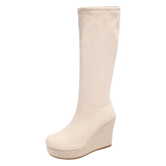 PFWOWB Women's Stretch Knee High Wedge Boots with Round Toe, Platform Sole and Slim Shaft (White,9)