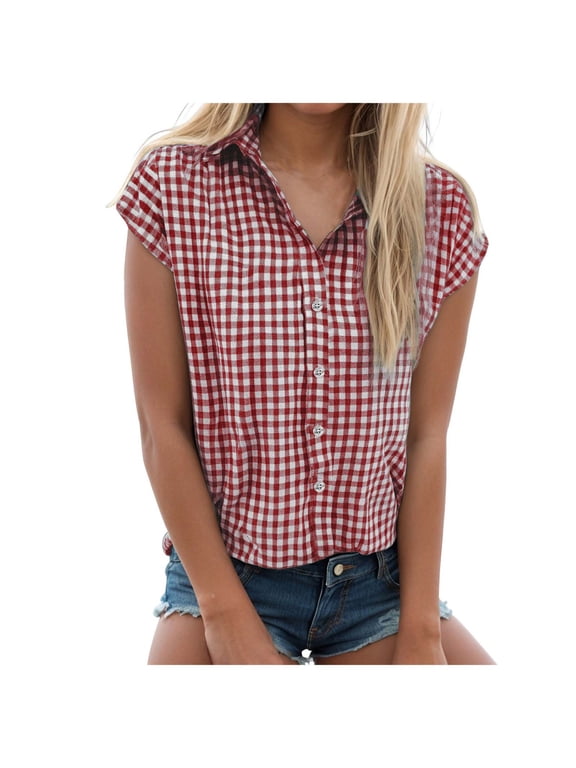 Womens Gingham Shirt Cap Sleeve V Neck Button Down Blouse Checkered Summer Top Casual Top