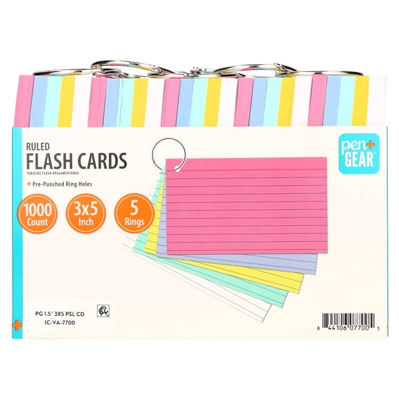 Pen+Gear Ruled Flash Cards, 3" x 5", Ringed, Assorted Pastel, 1000 Count