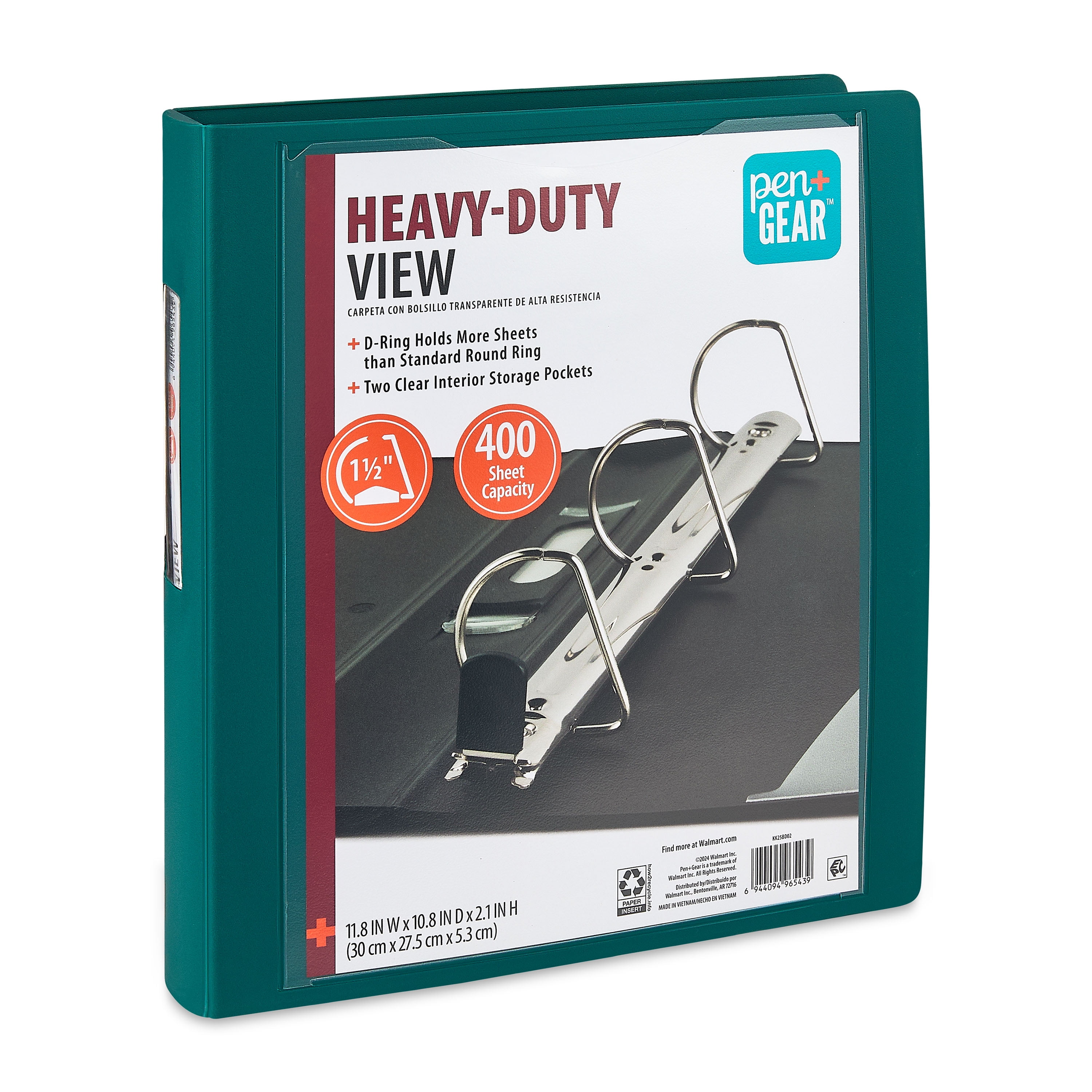 Pen+Gear Heavy Duty View 1.5" D-Ring Binder, Green