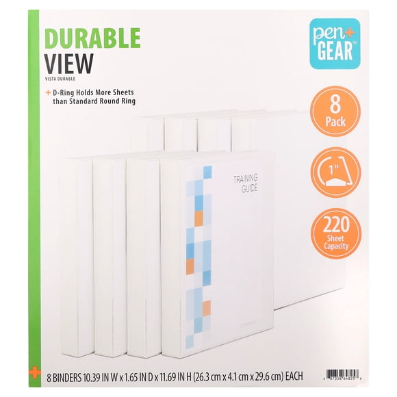 Pen+Gear Durable View 1" D-Ring Binders, White, 8 Count