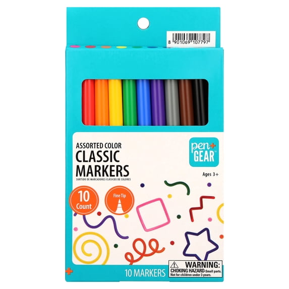 Pen+Gear Classic Markers, Fine Tip, Assorted Colors, 10 Count
