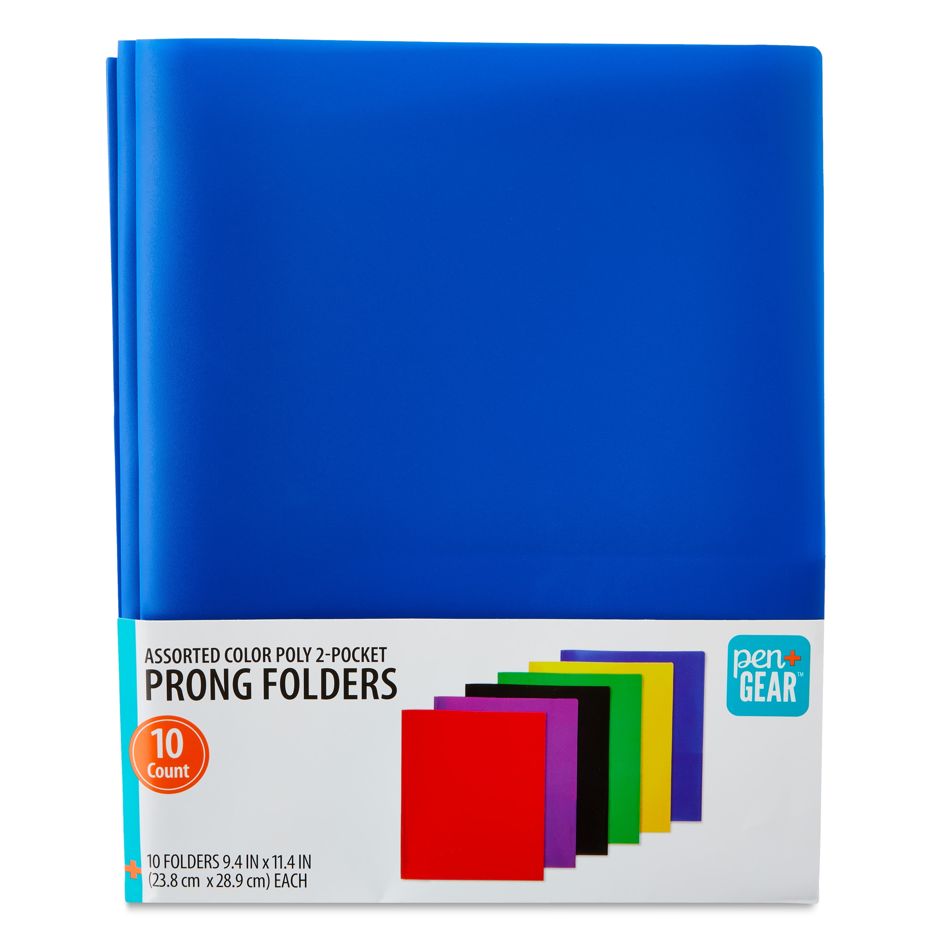 Pen+Gear Letter Size 2-Pocket Poly Prong Folders, Assorted Colors, 9.4" x 11.4", 10 Count