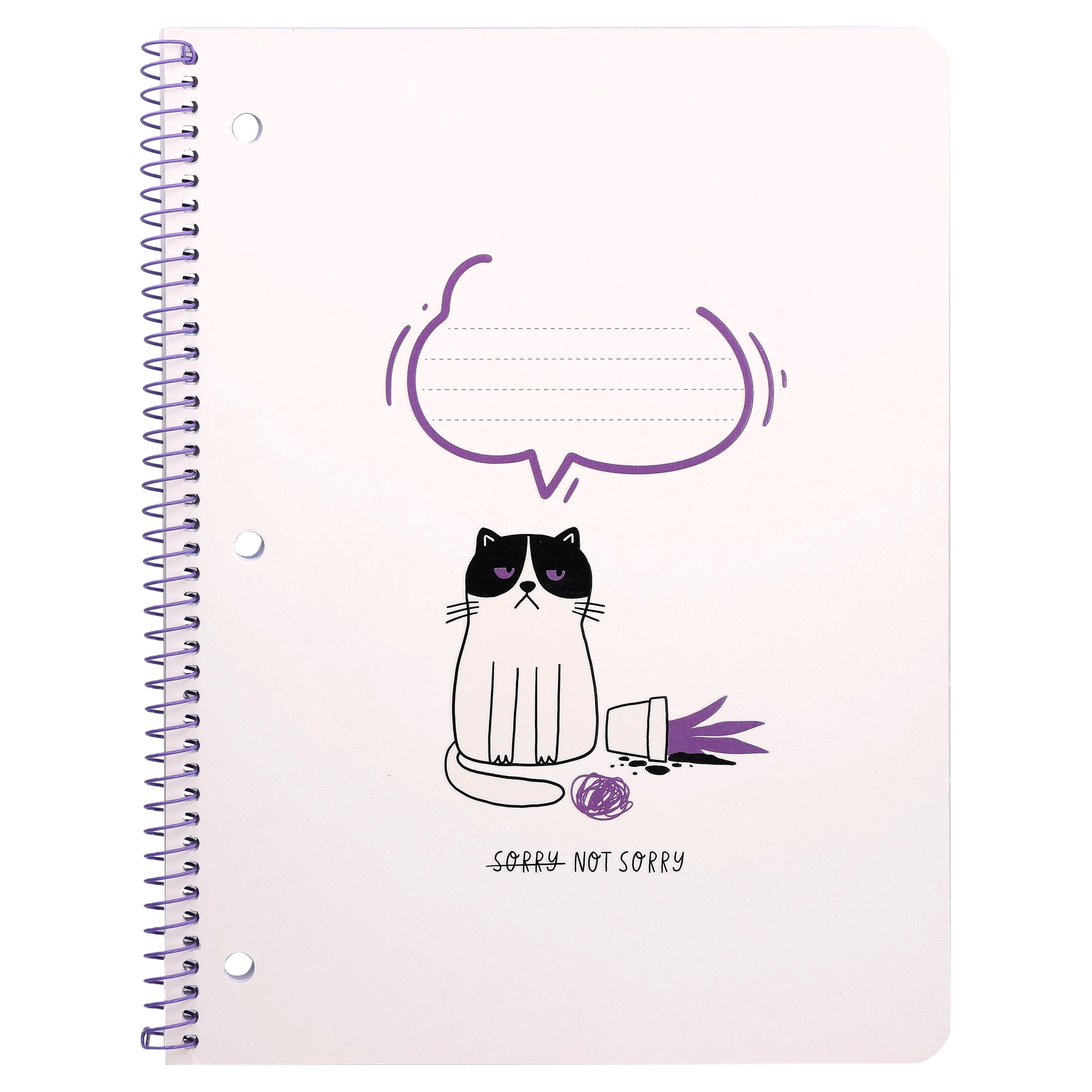 Pen+Gear College Ruled 1-Subject Notebook, 8" x 10.5", White and Purple Not Sorry Cat, 80 Sheets