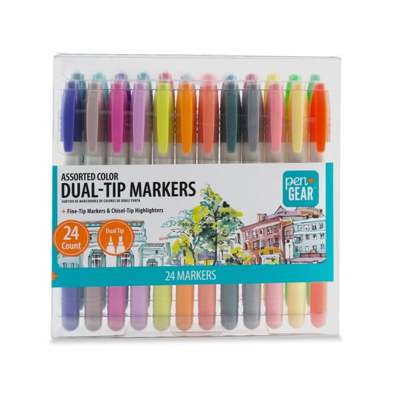Pen Gear, Creative Dual Tip Marker and Highlighter, 24 Assorted Colors, 24 Count, Perfect for Highlighting and Marking.
