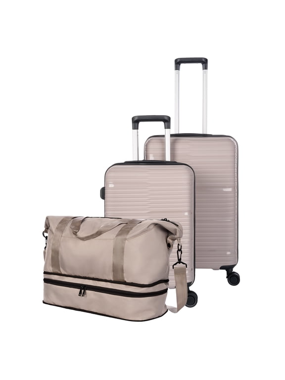 3-Piece Hardside Travel Set, Carry-On and Medium Checked Spinner Luggage with Weekender Duffel, Taupe Splash
