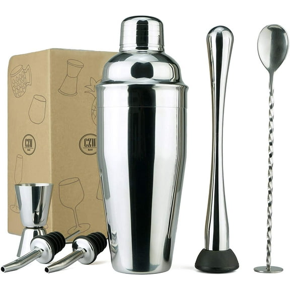 PG 6-Piece Premium Cocktail Shaker Set, 18/8 Stainless Steel, 24oz Martini Shaker Gloss Finish, with Muddler, Stirring Spoon, 2 x Wine Pourer and Stopper plus Double Jigger. Packed in non-woven bag