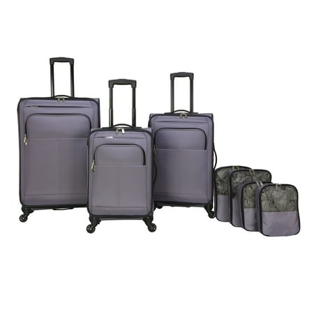 Protege 7 Piece Softside Polyester Luggage Set With 360 Spinner Wheels and Divider Pockets, Includes 28-inch and 24-inch Checked Bags, 20-inch Carry-on Bag, 2 Medium and 2 Large Packing Cubes, Gray