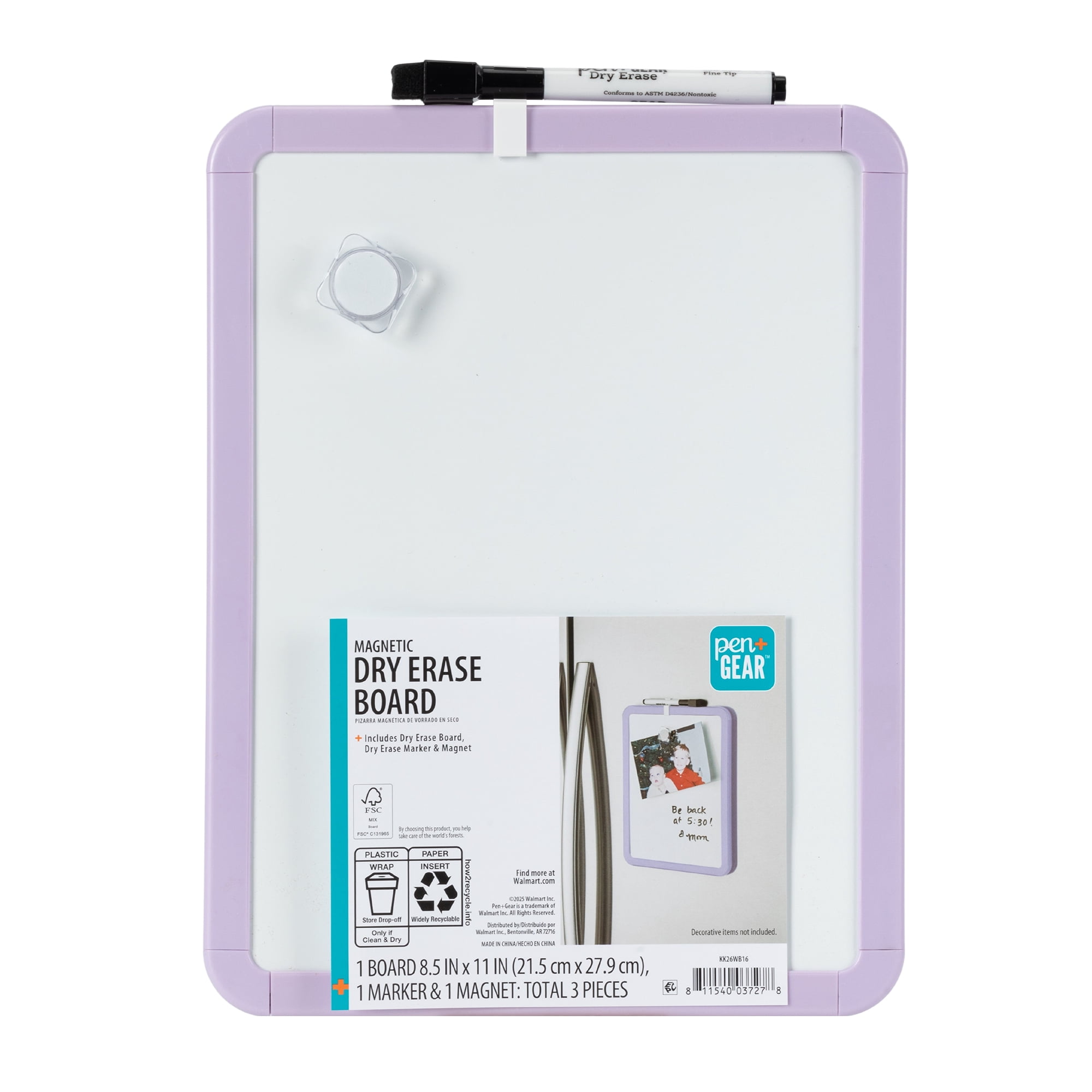 Pen+Gear Magnetic Dry Erase Board with Dry Erase Marker and Magnet, Lavender, 8.5" x 11"