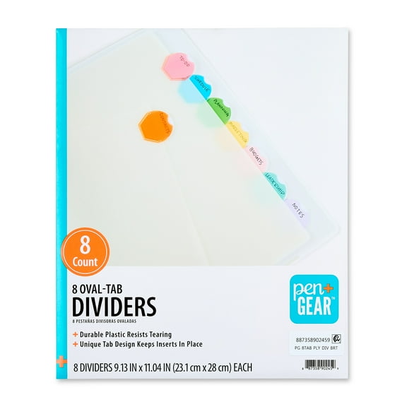 Pen+Gear 8 Oval Tab Poly Binder Dividers, Bright Multicolor