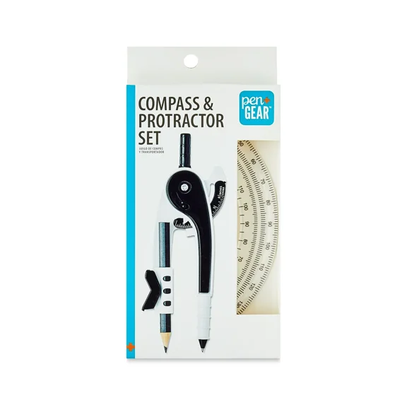 Pen+Gear Durable Compass & Protractor Set, Black and White