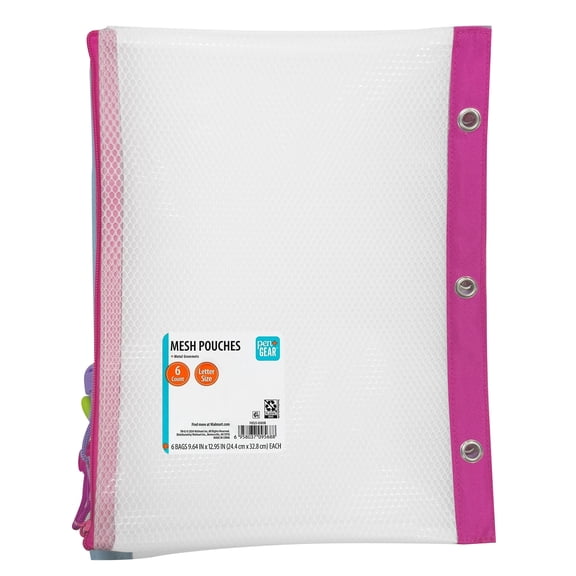 Pen+Gear Letter Size Mesh Zipper Bags With Grommets, 6 Assorted Colors