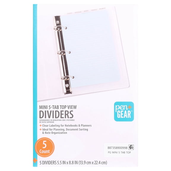 Pen+Gear Mini 5-Tab Top View Dividers, 5.5 in x 8.8 in, 5 Count