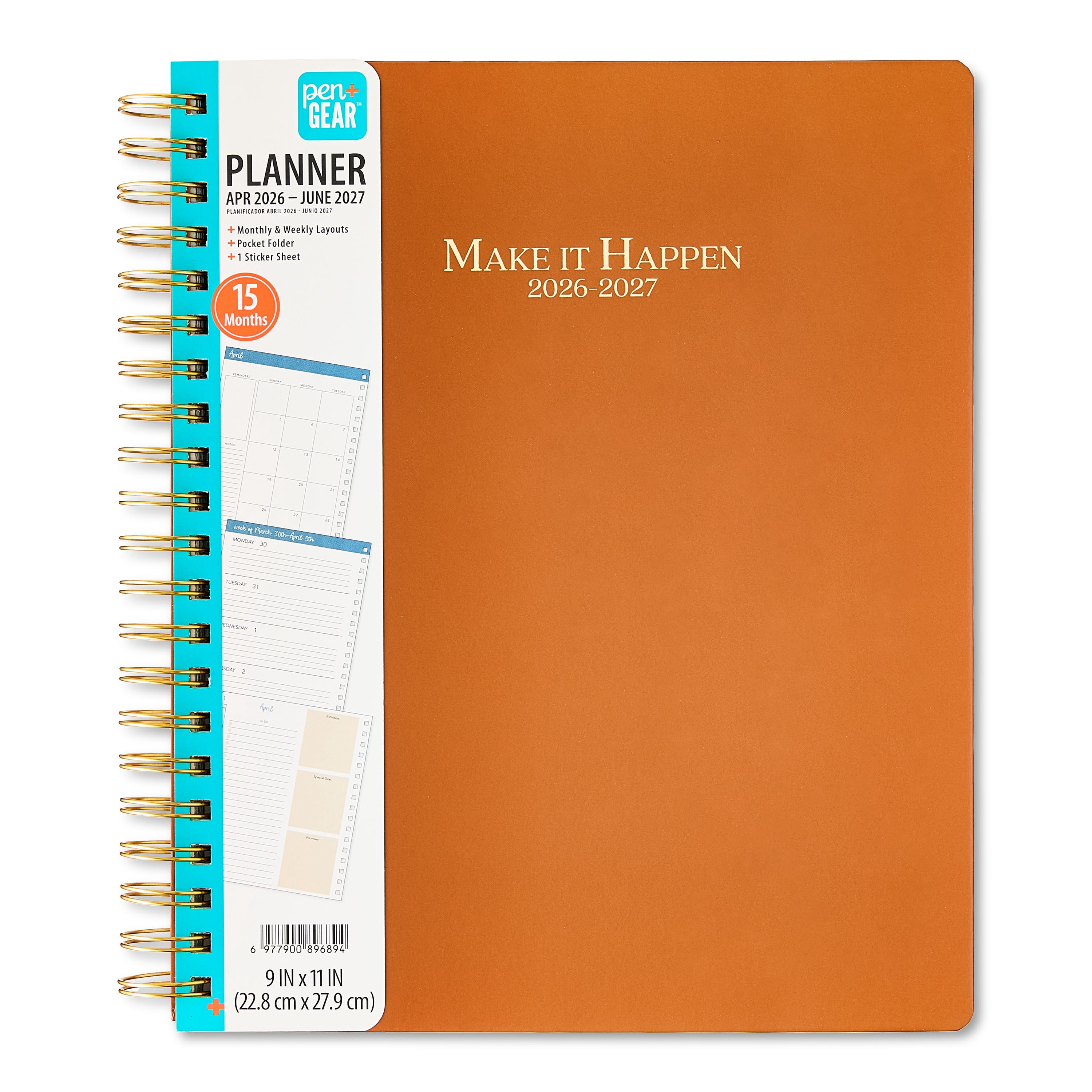 Pen+Gear 15-Month 9" x 11" Hardcover Spiral-Bound Planner, Brown, Weekly & Monthly Format