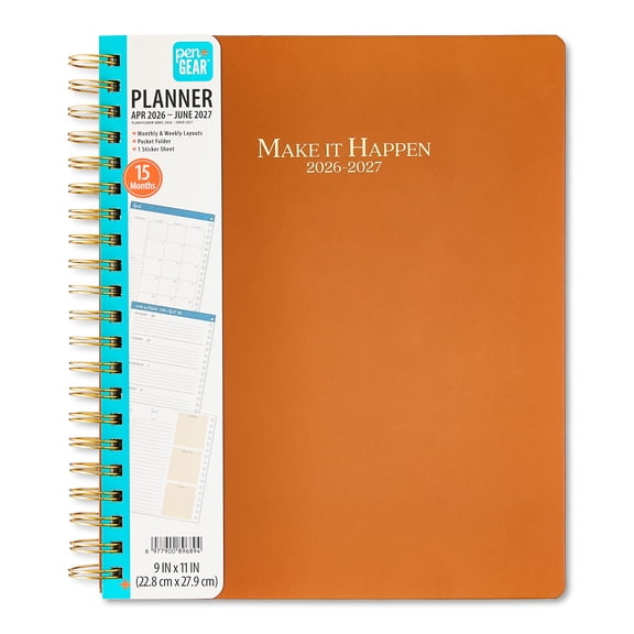 Pen+Gear 15-Month 9" x 11" Hardcover Spiral-Bound Planner, Brown, Weekly & Monthly Format