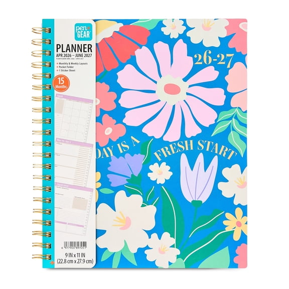 Pen+Gear Monthly Weekly, Large (9"x 11"), Muti-Color Floral, 15 -Month April 2026-June 2027 Double Wire Planner